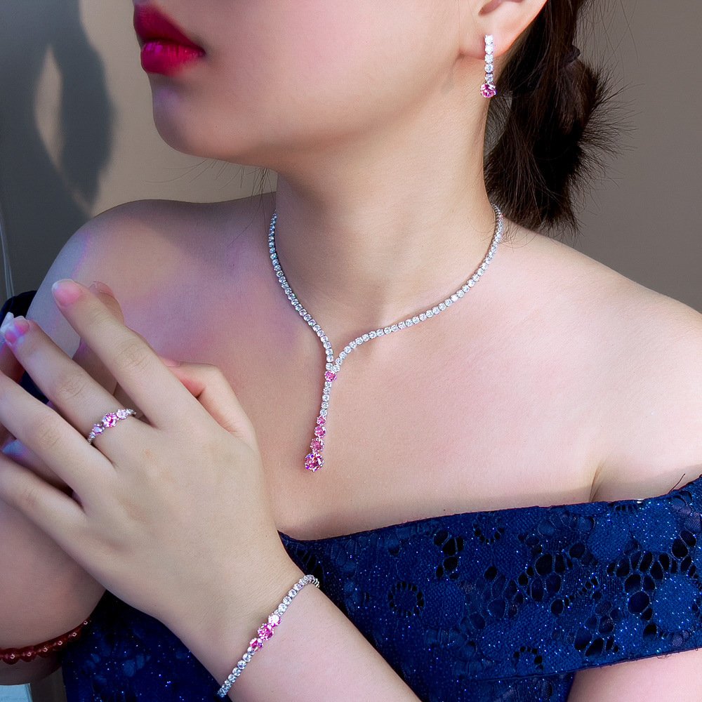 French-style Minimalist Luxury Zircon Necklace Earrings Bracelet And Ring Set 4-piece Set – תמונה 3