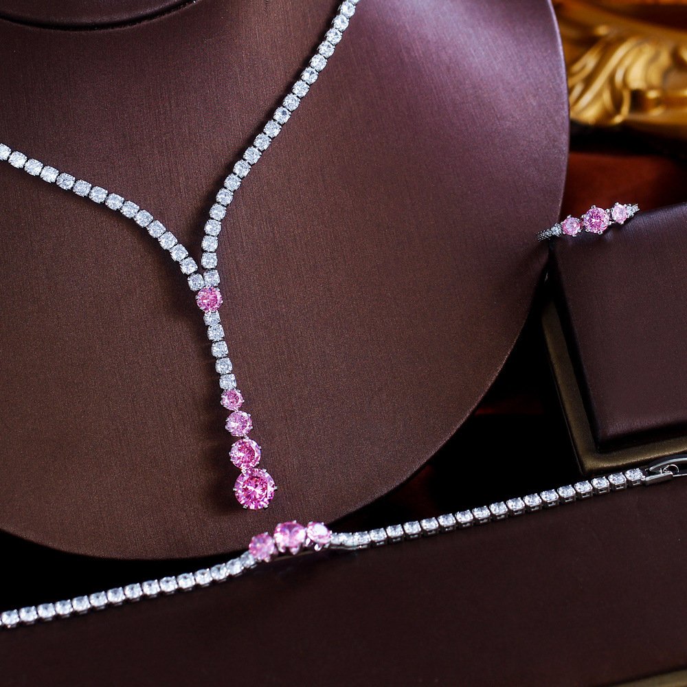 French-style Minimalist Luxury Zircon Necklace Earrings Bracelet And Ring Set 4-piece Set – תמונה 5