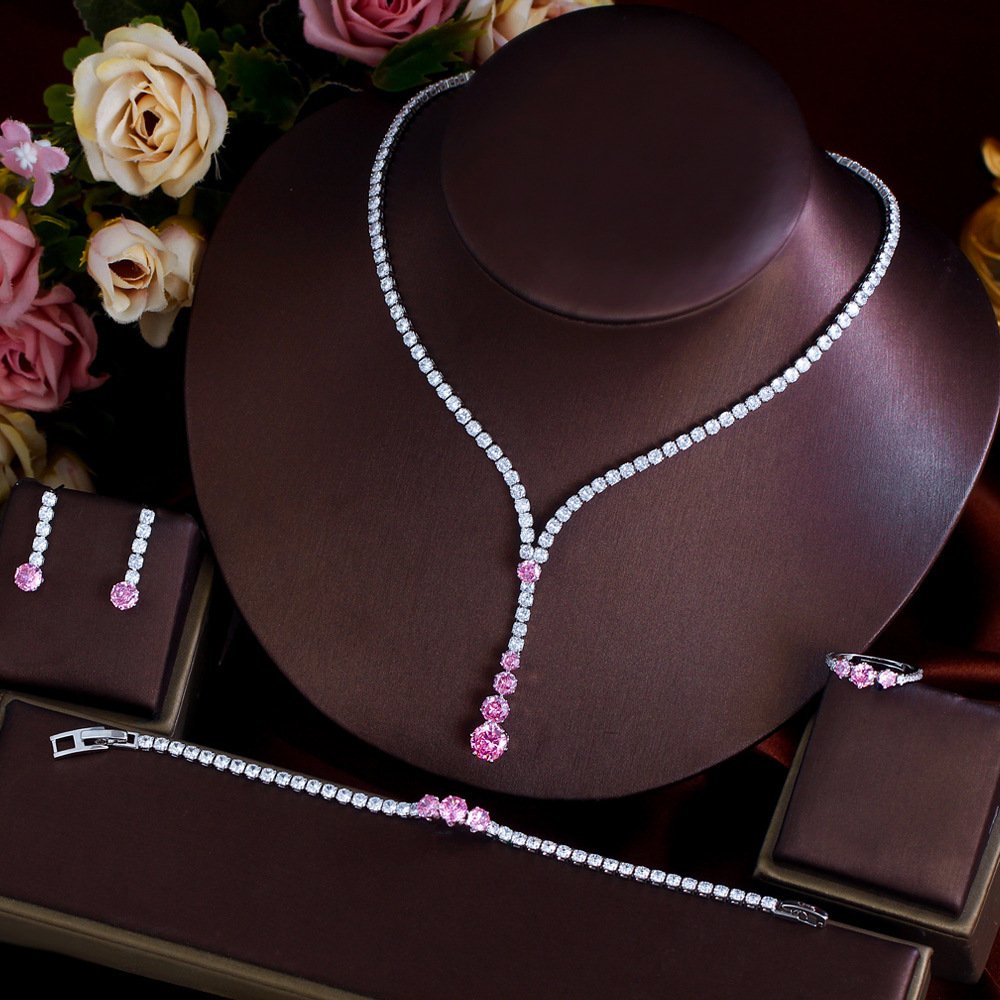 French-style Minimalist Luxury Zircon Necklace Earrings Bracelet And Ring Set 4-piece Set – תמונה 2