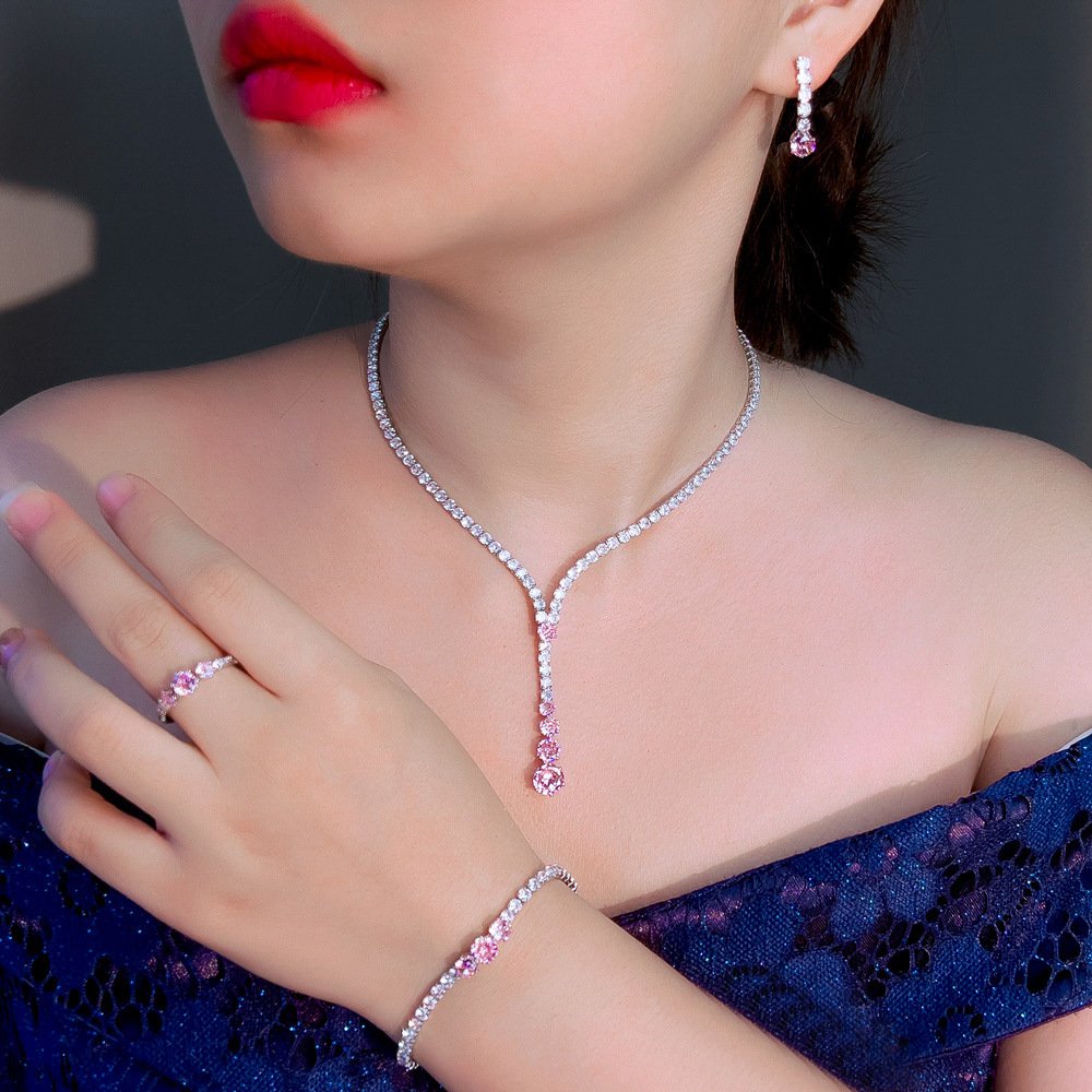 French-style Minimalist Luxury Zircon Necklace Earrings Bracelet And Ring Set 4-piece Set – תמונה 4